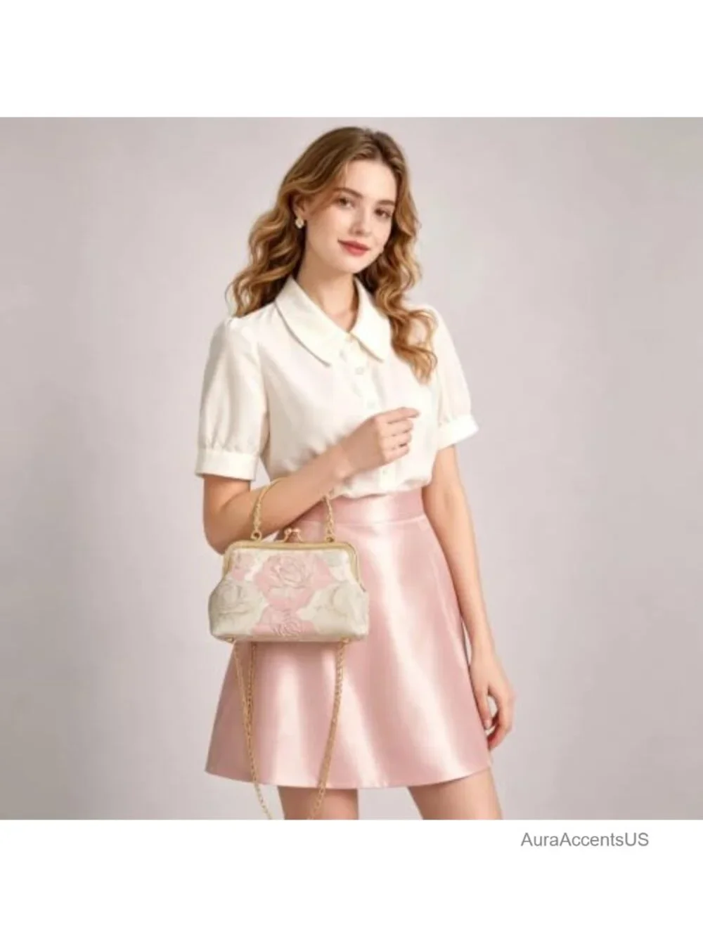 Floral Rose Mini Clutch Purse with Metal Top Handle, Crossbody Shoulder Bag